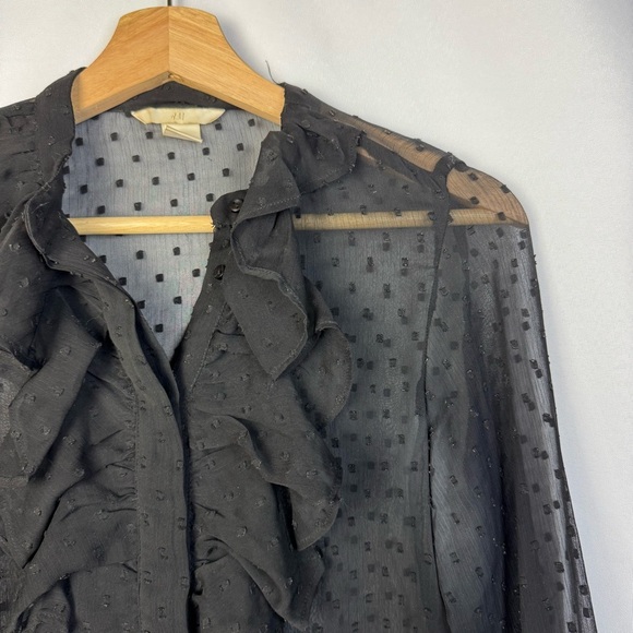 H&M Black Swiss Dot Sheer Ruffle Long Sleeve Button Down 4 - Picture 3 of 5